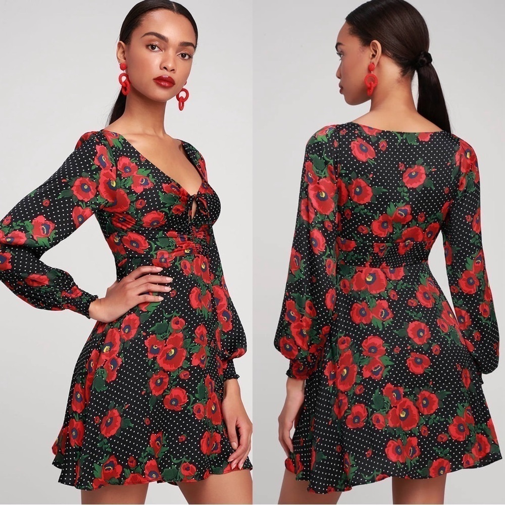 FREE PEOPLE Morning Light Mini Dress Black Polka Dot Red Poppy Floral 2